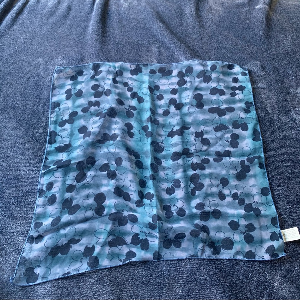 Vintage blue sheer floral small square scarf. Made in the U.S.A